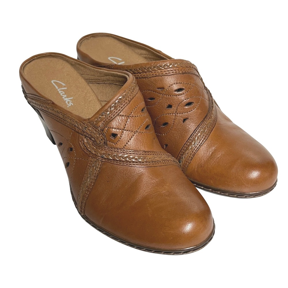 Clarks Women Leather Brown Cutout Braided‎ Heeled Clogs Mules Size 7.5 M